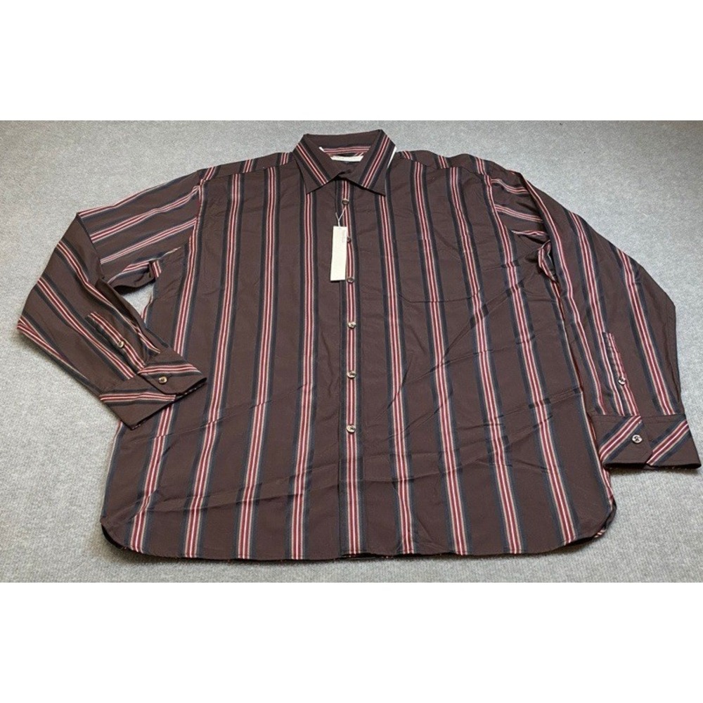 NWT Perry Ellis Button Front Shirt Mens Large Brown Striped Cotton Long Sleeve